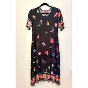 Johnny Was Size S Black Novelty Print Midi T-Shirt Dress Floral Whimsical Boho